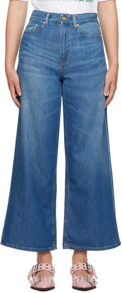 Ganni Blue Denim Wide Jeans In 567 Mid Blue Vintage