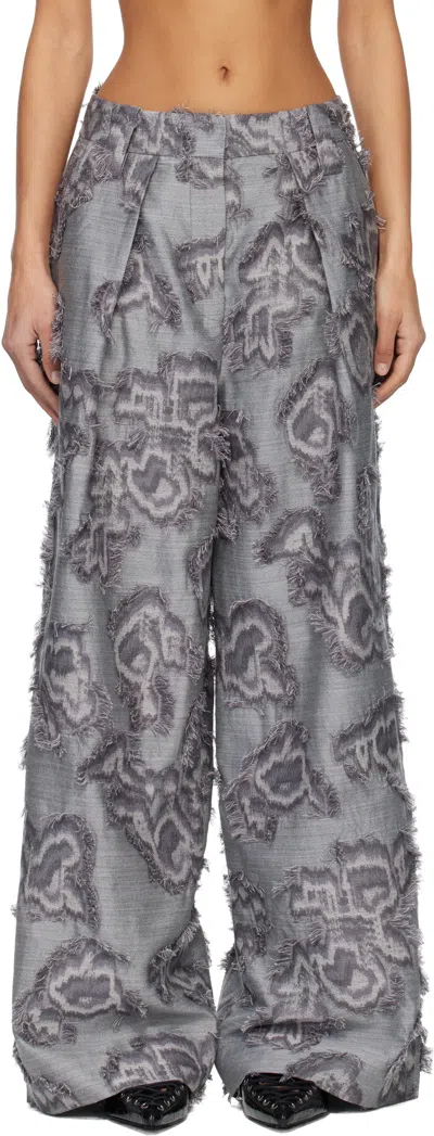 Ganni Blue Fil Coupe Big Pleat Trousers In Gray