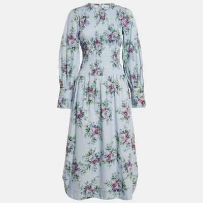 Pre-owned Ganni Blue Floral Print Cotton Shirring Detail Midi Dress Xs