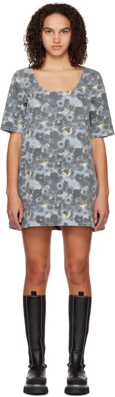 Ganni Print Denim Mini Dress In Brunnera Blue In 699 Brunnera Blue