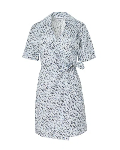 Ganni Blue Floral Printed Cotton Wrap Mini Dress