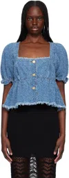 Ganni Blue Fluffy Denim Blouse In 566 Mid Blue Stone