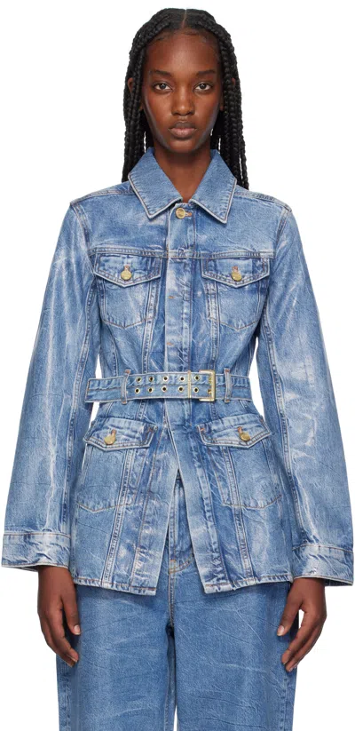 Ganni Blue Foil Denim Jacket In 566 Mid Blue Stone