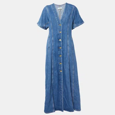 Pre-owned Ganni Blue Future Denim Button Front Maxi Dress L