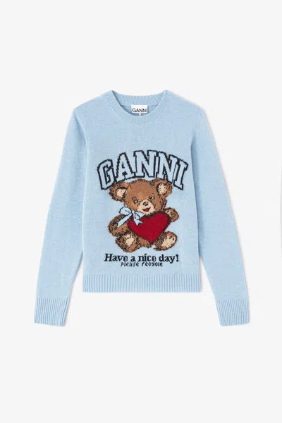 Ganni Wool Crew Neck Sweater Graphic Print In Blue