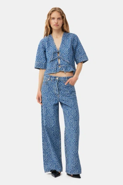 Ganni Blue Jacquard Denim Wide Trousers Jeans In Mid Blue Stone