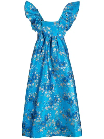Ganni Blue Jacquard Shoulder Dress For Women