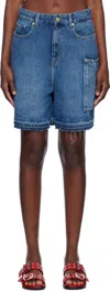 Ganni Blue Shorts With Belt Loops And One Front Patch Pocket In Denim Woman In 567 Mid Blue Vintage