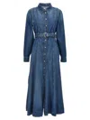 Ganni Blue Long Dress With Adjustable And Removable Waist Belt In Cotton Blend Woman In Blue