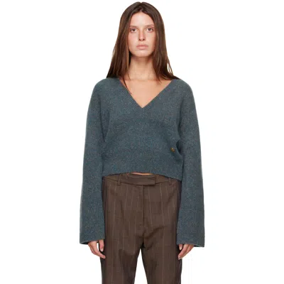 Ganni Blue Melange Mohair Deep V-neck Sweater