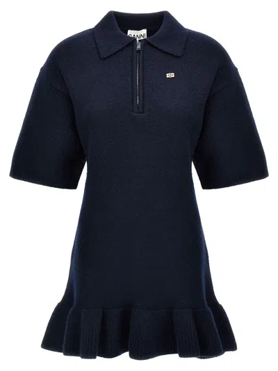 Ganni Blue Mini Dress With Classic Collar And Ruffled Hem In Wool Woman In Navy