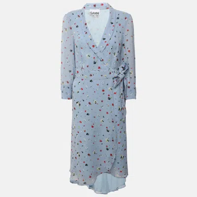 Pre-owned Ganni Blue Multicolor Printed Knit Wrap Dress Xxs
