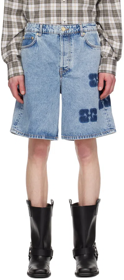 Ganni Blue Patch Denim Shorts In Mid Blue Stone