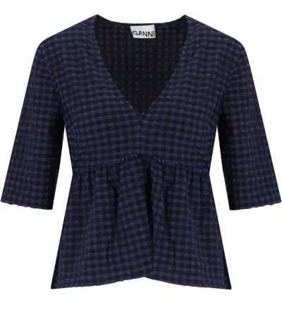 Ganni Seersucker Stretch Tech V-neck Top In Blau