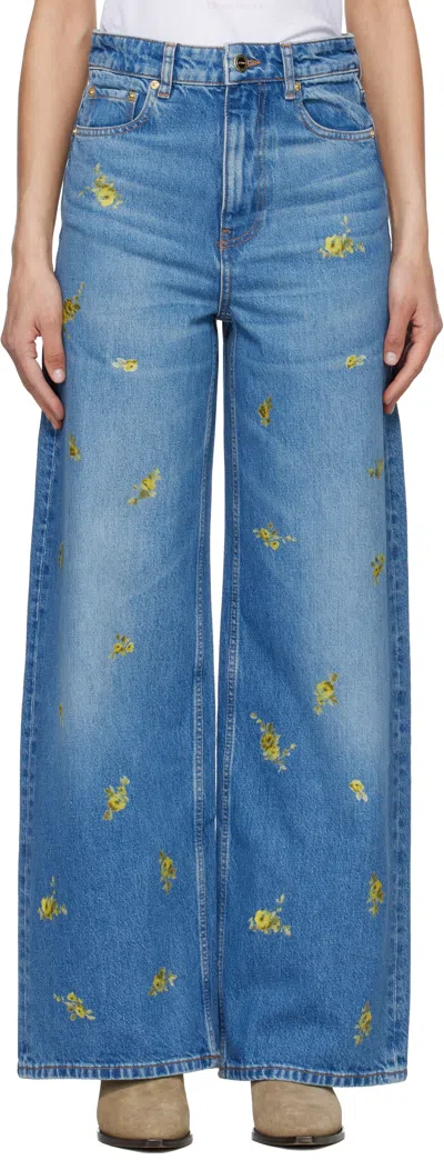 Ganni Printed Flower Denim Lari Jeans In Blue