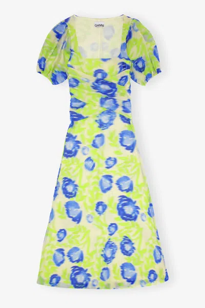 Ganni Blue Printed Mesh Puff Sleeve Midi Dress - Size 32 Recycled Nylon