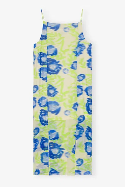 Ganni Blue Printed Mesh Slip Dress - Size 42 Recycled Nylon