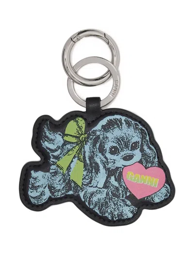 Ganni Blue Puppy Keyring In Black