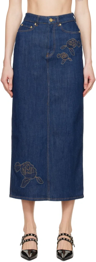 Ganni Blue Rose Denim Maxi Skirt In 077 Rinse
