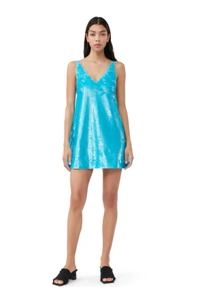 Ganni Sequined Recycled Satin Mini Dress In Blue Curacao