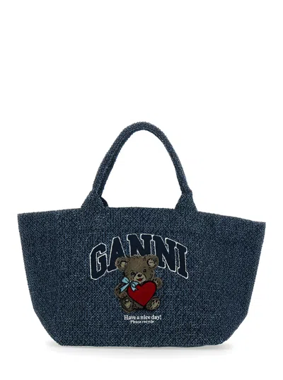 Ganni Blue Shopper With Lettering Logo And Teddy Bear On Front In Cotton Woman