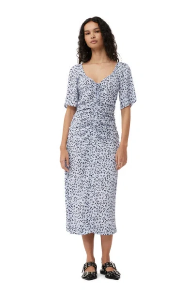 Ganni Short Sleeve Printed Crepe U-neck Midi Dress In Blue
