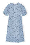 Ganni Short Sleeve Printed Georgette Puff Sleeve Midi Dress In Blue