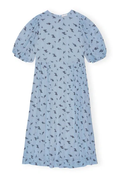 Ganni Short Sleeve Printed Georgette Puff Sleeve Midi Dress In Blue