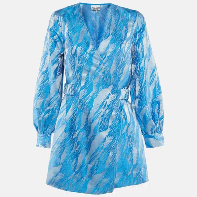 Pre-owned Ganni Blue /silver Jacquard Wrap Mini Dress M