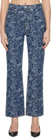 Ganni Blue Straight Tapestry Cropped Betzy Jeans In Blue