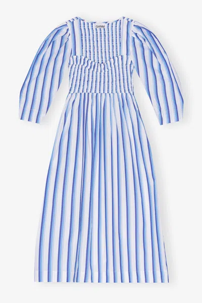 Ganni Blue Striped Cotton Smock Long Dress - Size 42 Organic