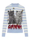 Ganni Light Blue Crewneck With Maxi Logo Print On The Front And All-over Striped Motif In Blue