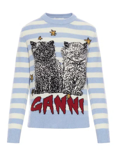 GANNI BLUE STRIPED GRAPHIC CAT JUMPER
