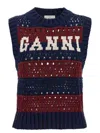 Ganni Striped Openwork Vest With Logo Inlay In Blue
