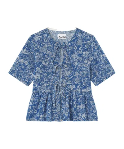 Ganni Blue Tapestry Peplum Blouse
