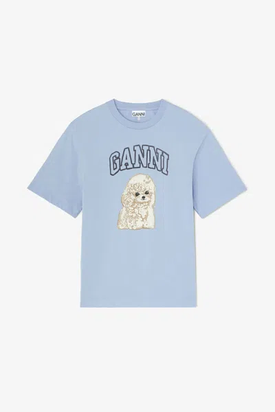 Ganni Blue T-shirt With Poodle - Size Xxs Organic Cotton