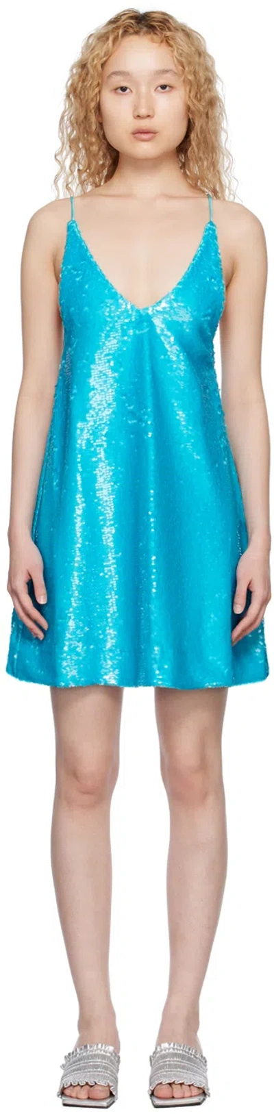 Ganni Sequined Recycled Satin Mini Dress In Blue Curacao