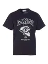 Ganni Black Crewneck T-shirt With Maxi Logo Lettering On The Front And Maxi Print On Front And Rear In Blue