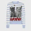 Ganni Light Blue Crewneck With Maxi Logo Print On The Front And All-over Striped Motif In Illusion Blue
