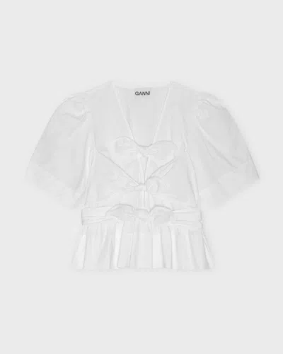 Ganni Tie-front Organic Cotton-poplin Peplum Blouse In White
