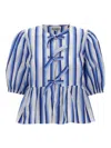 Ganni Blue Striped Cotton Poplin Peplum Tie Blouse In Light Blue