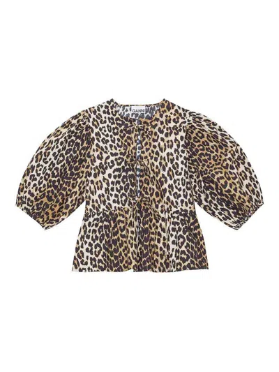 Ganni Leopard Cotton Shirt In Animal Print