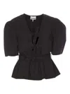 Ganni Poplin Front-tie Peplum Blouse With Puffed-sleeves In Negro