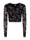 Ganni Black Floral Printed Mesh Ruched Blouse In Purple