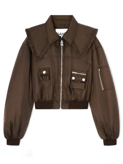 Ganni Technical Fabric Bomber Jacket In Brown