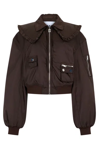 Ganni Bomber Jacket In Nylon Duchess In Brown