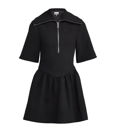 Ganni Mini Dress With Gathered Waist And Short Sleeves In Black