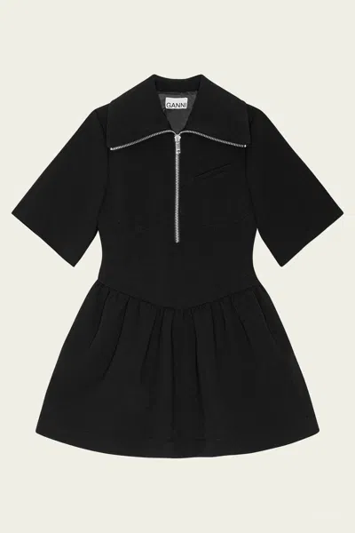 Ganni Mini Dress With Gathered Waist And Short Sleeves In Black