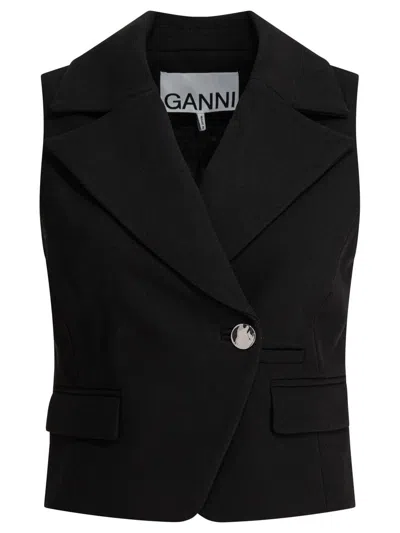 Ganni Crepe Vest With Flap Pockets And Lapels In Black