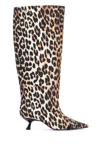 Ganni Leopard-print Satin Knee-length Boots In Brown